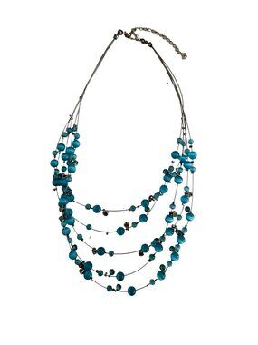 Blue Multi Strand Beaded Necklace Adjustable Layered Statement Jewelry